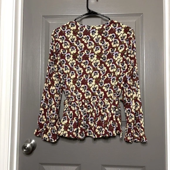 Madewell Drawstring Ruffle-Hem Top Viola Floral Pansy Print S - Picture 6 of 10